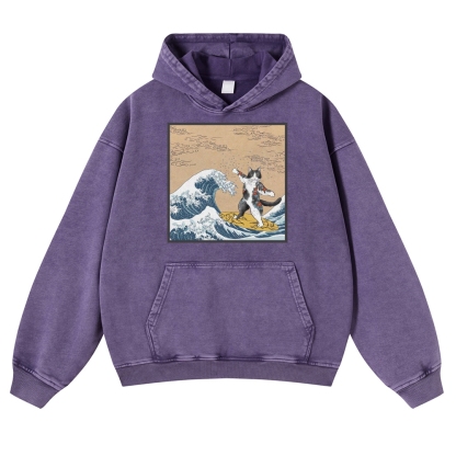 Surf-Bored Cat Ukiyoe Pattern Vintage Washed Hoodie-moweekender