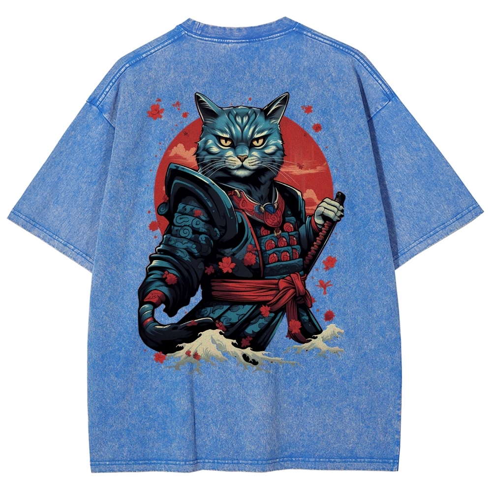 Japan Cat Warrior Washed Vintage Short Sleeves T-Shirt-moweekender