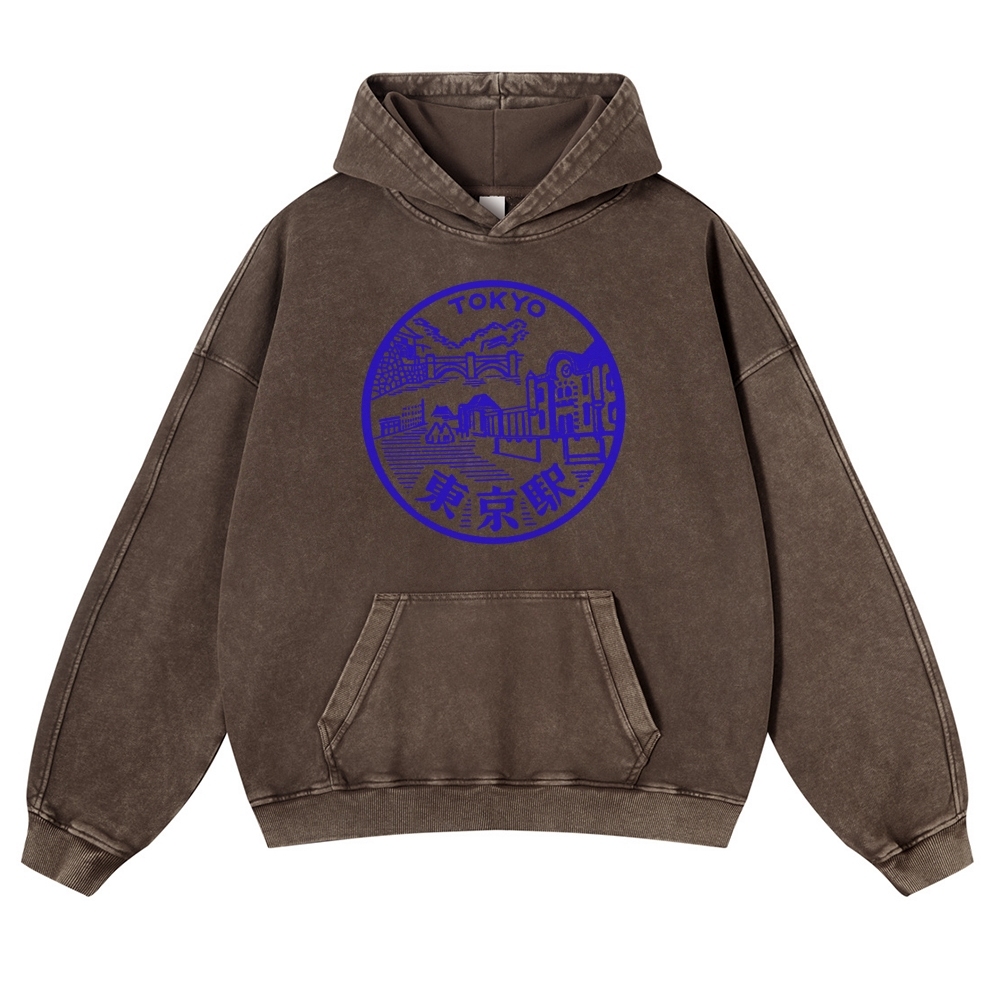 Tokyo Station Sign Vintage Washed Hoodie-moweekender