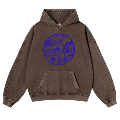 Tokyo Station Sign Vintage Washed Hoodie-moweekender