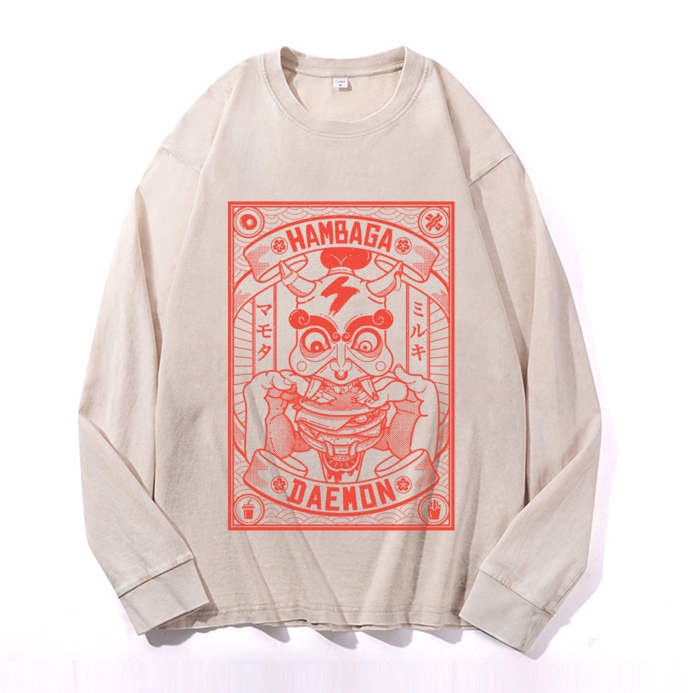 Demon Burger Printed Deep Washed Vintage Long Sleeves T-Shirt-moweekender