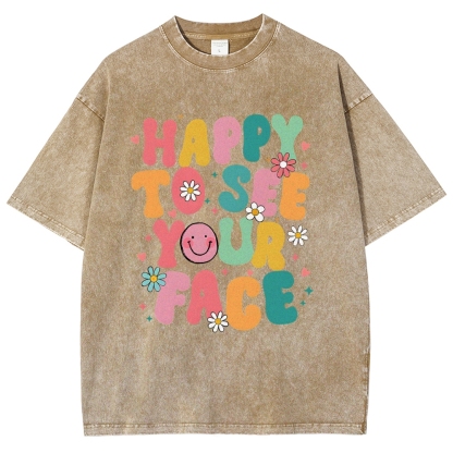 Happy To See You Face Unisex Fit Washed T-Shirt-moweekender