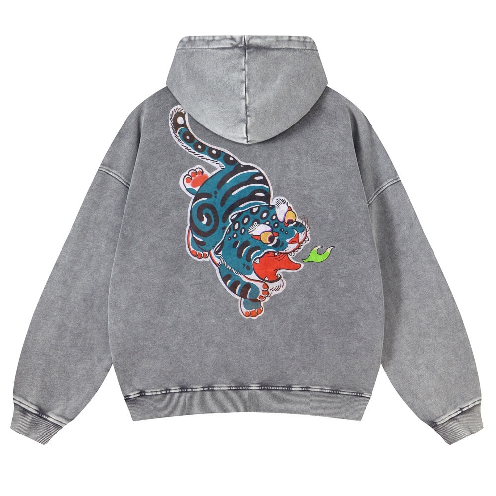 Fire Leopard Pattern Vintage Washed Hoodie-moweekender