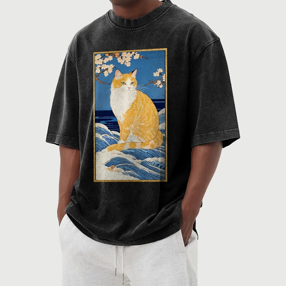 Cat Wave Casual Pattern Washed Vintage Short Sleeves T-Shirt-moweekender
