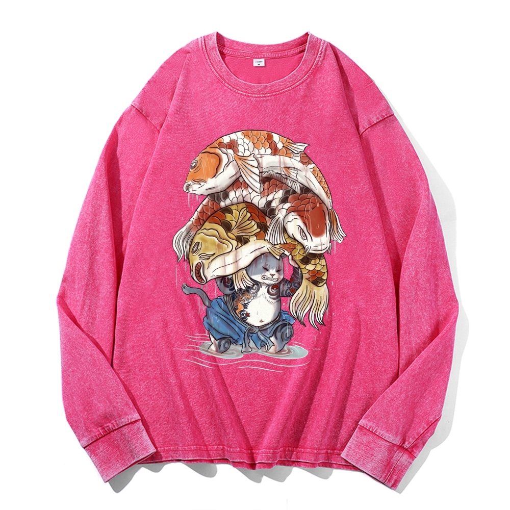 Fish Pressure Cat Deep Washed Vintage Long Sleeves T-Shirt-moweekender