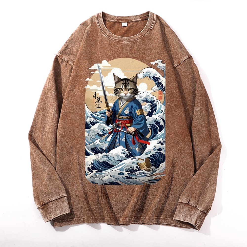 Wave Cat Ukiyoe Deep Washed Vintage Long Sleeves T-Shirt-moweekender
