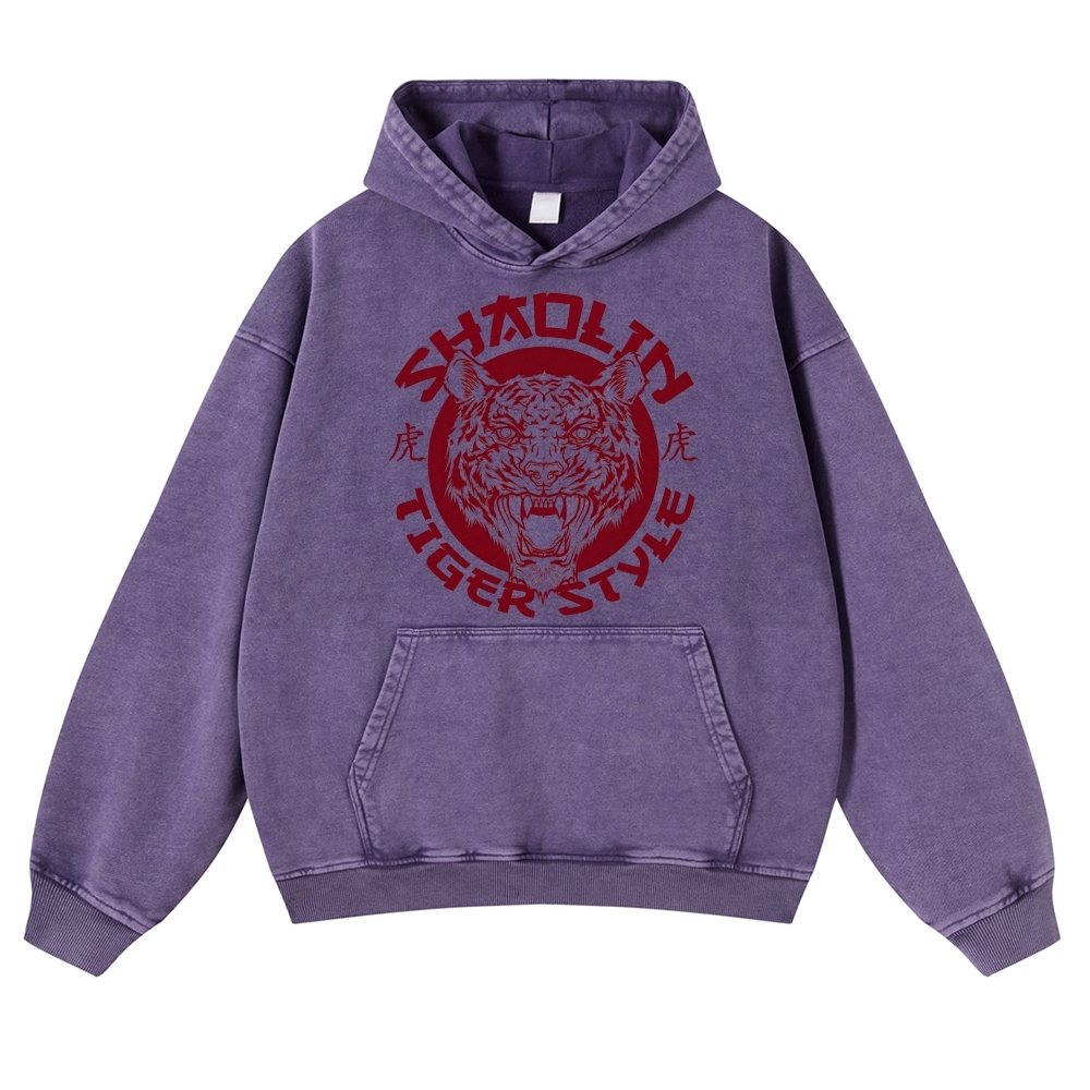 Tiger Head Sign Printed Vintage Washed Hoodie-moweekender