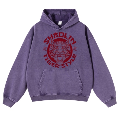 Tiger Head Sign Printed Vintage Washed Hoodie-moweekender