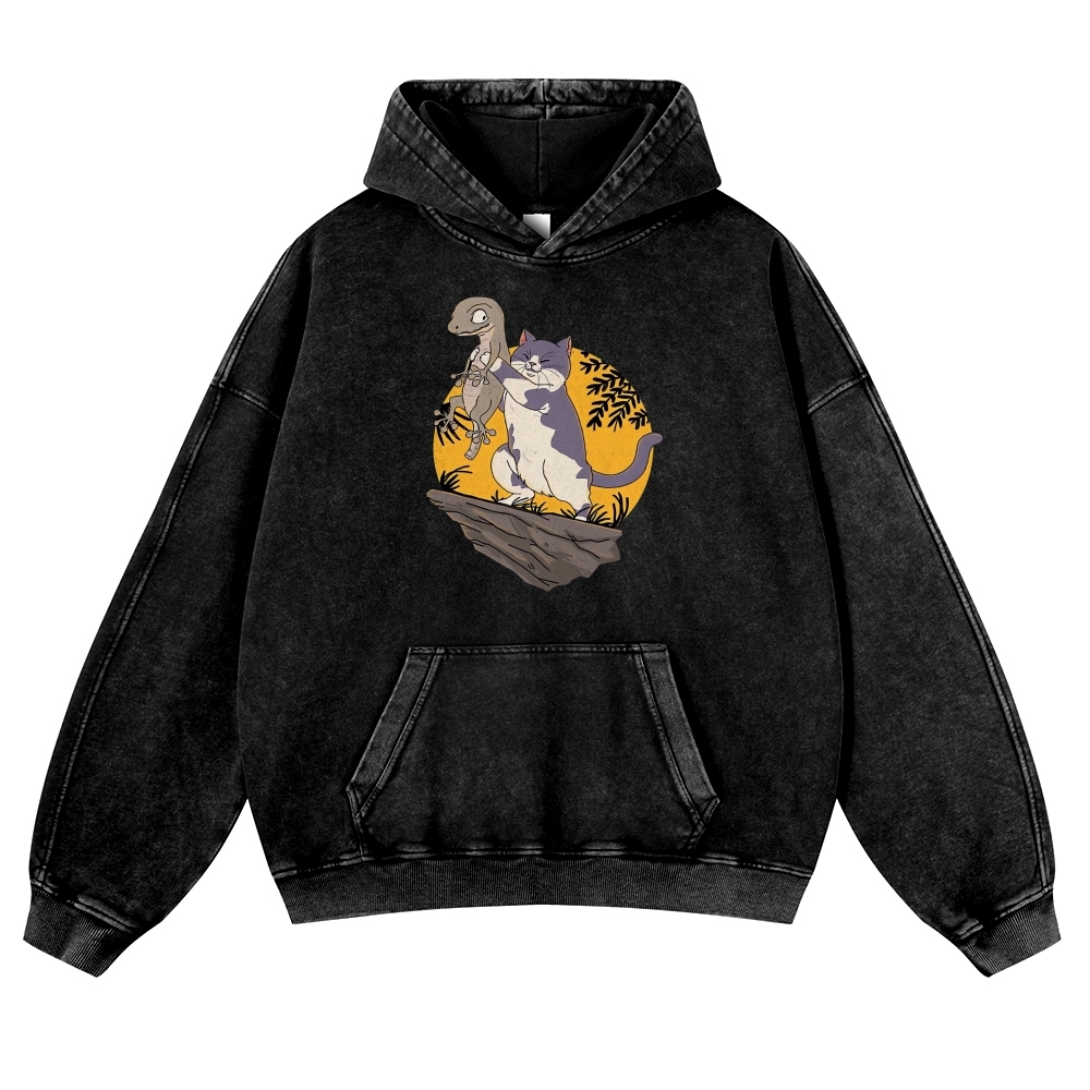 Lizard Cat Ukiyoe Vintage Washed Hoodie-moweekender