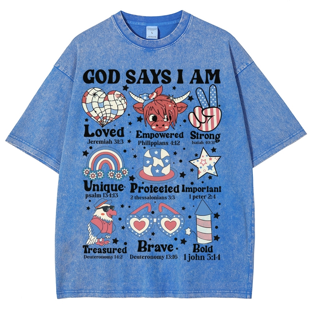 God Says I Am Vintage Snowflake Washed T-Shirt-moweekender