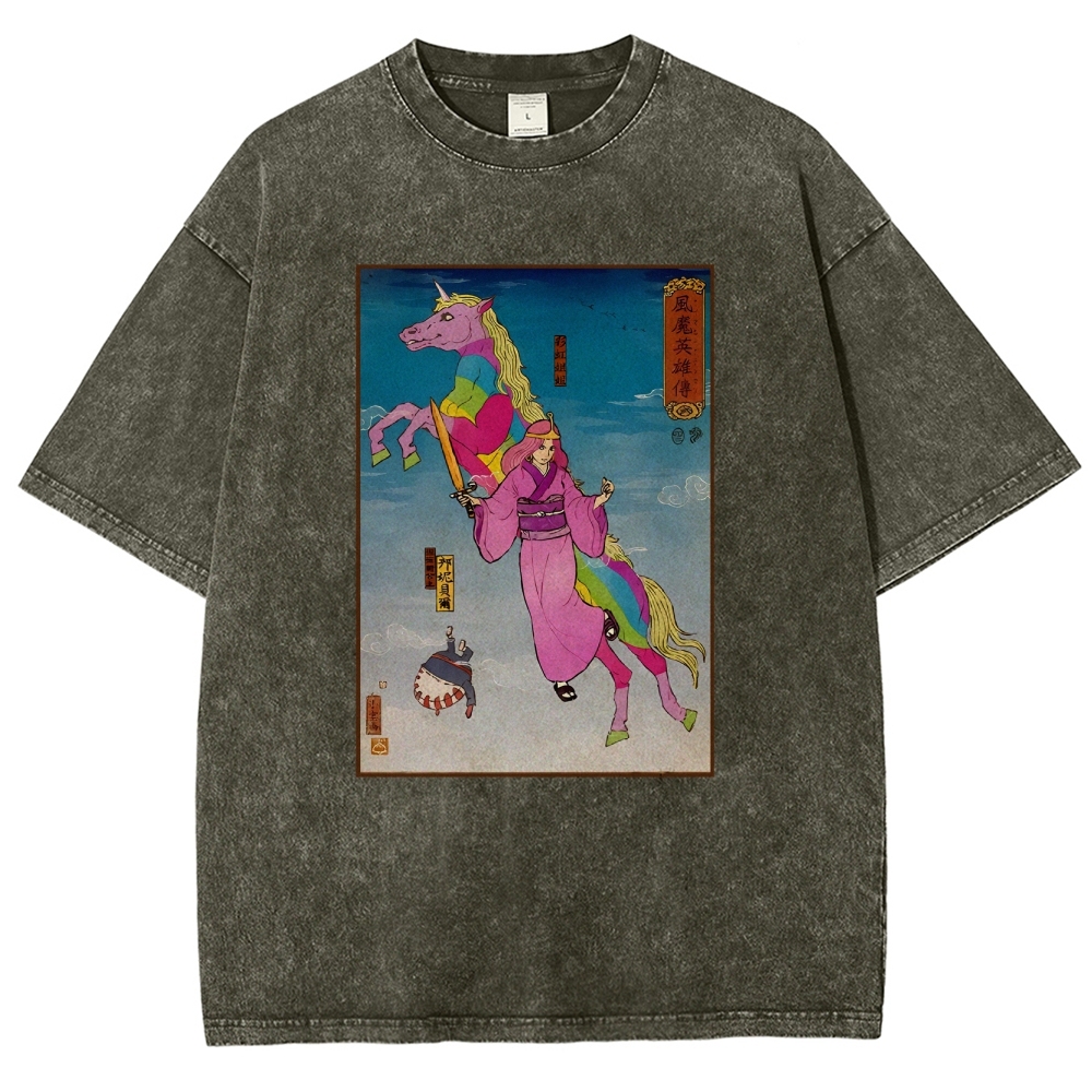 Hero Story Pink Unicorn Washed Vintage Short Sleeves T-Shirt-moweekender