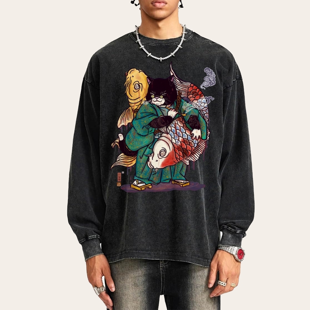 Big Fish Cat Deep Washed Vintage Long Sleeves T-Shirt-moweekender