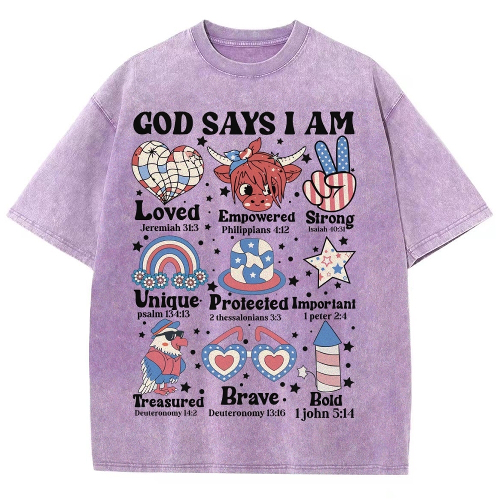 God Says I Am Vintage Snowflake Washed T-Shirt-moweekender