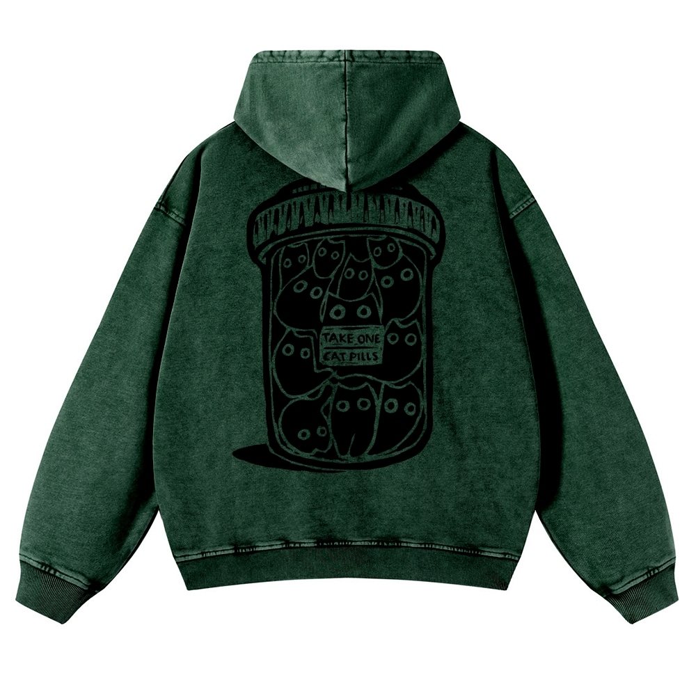 Black Cat Pills Pattern Vintage Washed Hoodie-moweekender