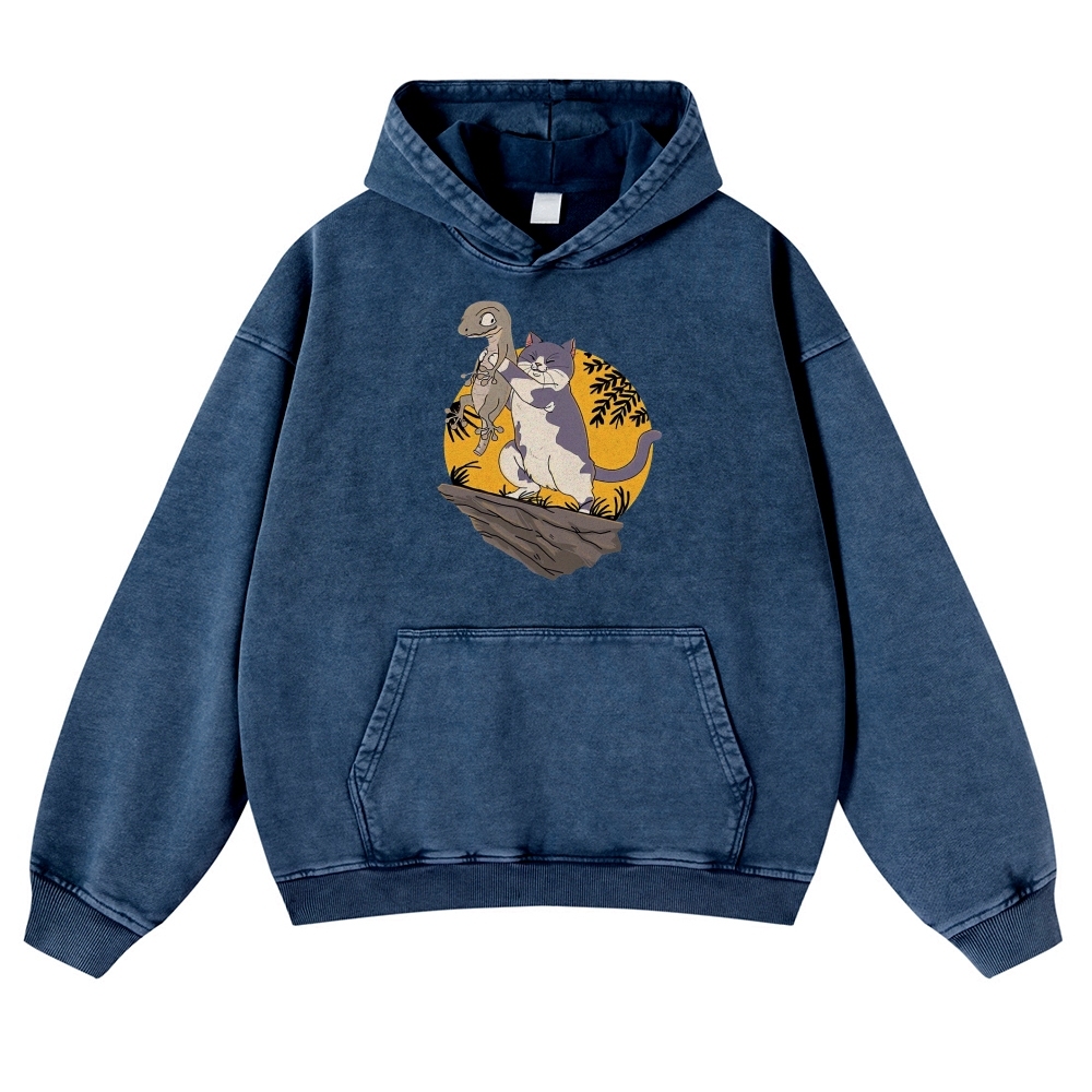 Lizard Cat Ukiyoe Vintage Washed Hoodie-moweekender