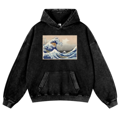 Cookie Wave Ukiyoe Printing Vintage Washed Hoodie-moweekender