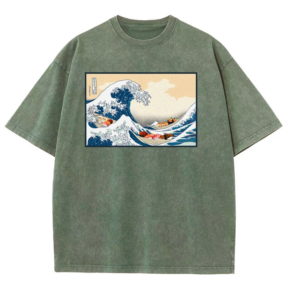 Sushi Ship Wave Ukiyoe Washed Vintage Short Sleeves T-Shirt-moweekender