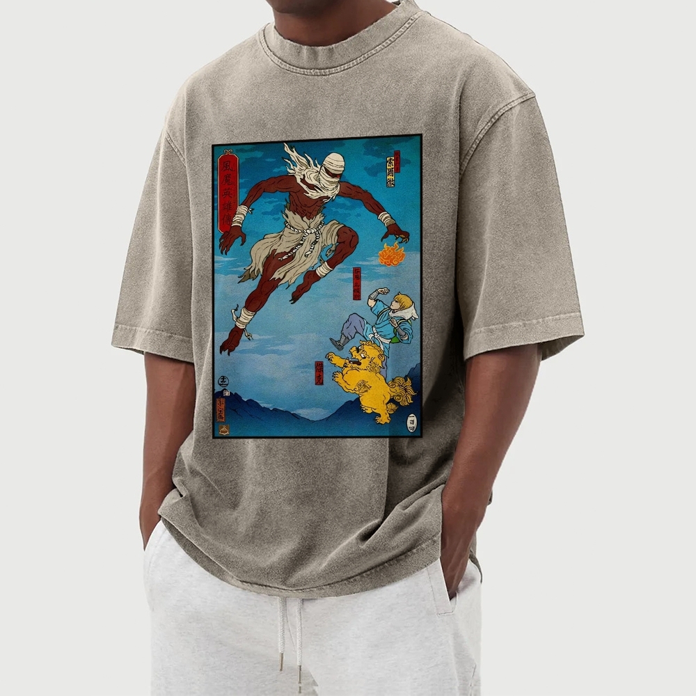 Hero Story Pattern Washed Vintage Short Sleeves T-Shirt-moweekender
