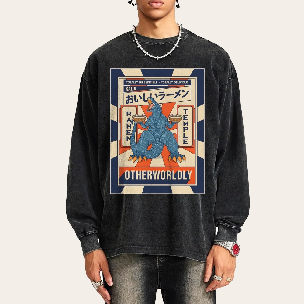 Ramen Godzilla Deep Washed Vintage Long Sleeves T-Shirt-moweekender