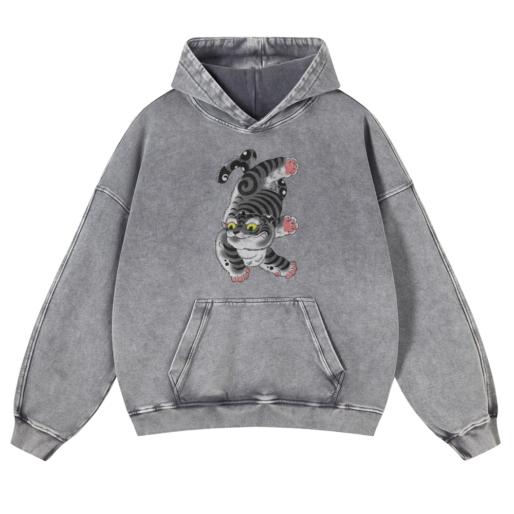 Japanese Cat Printed Vintage Washed Hoodie-moweekender