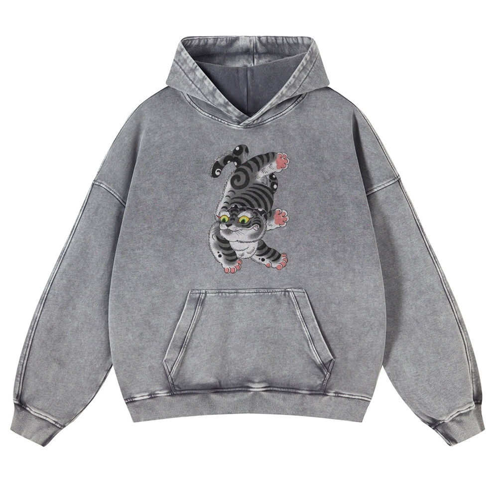 Japanese Cat Printed Vintage Washed Hoodie-moweekender