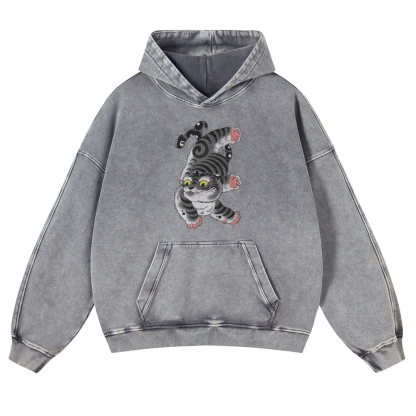 Japanese Cat Printed Vintage Washed Hoodie-moweekender