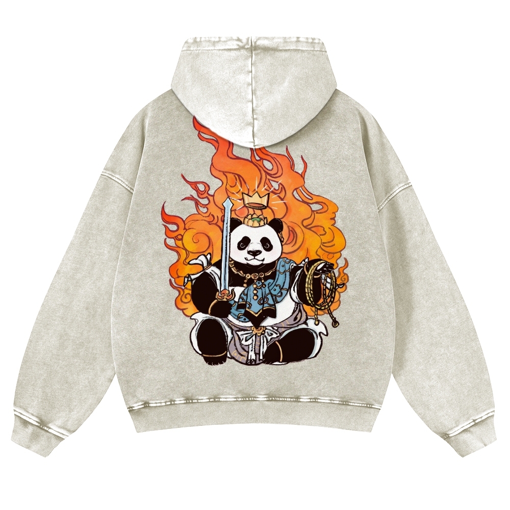 Panda King Pattern Printed Vintage Washed Hoodie-moweekender
