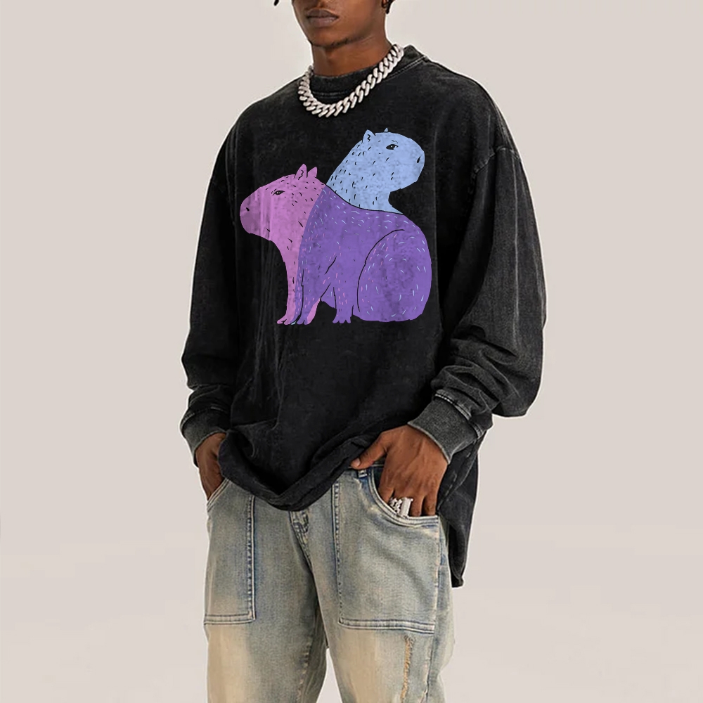Capybara Pattern Deep Washed Vintage Long Sleeves T-Shirt-moweekender