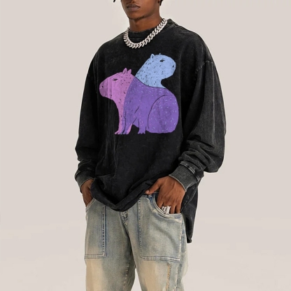 Capybara Pattern Deep Washed Vintage Long Sleeves T-Shirt-moweekender