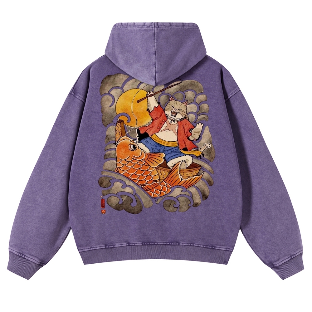 Carp Cat Ukiyoe Casual Vintage Washed Hoodie-moweekender