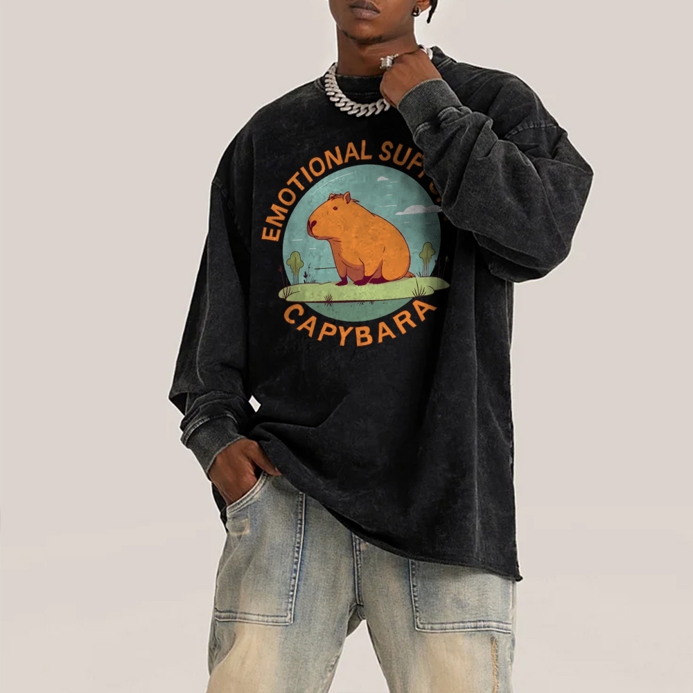 Emotional Support Capybara Deep Washed Vintage Long Sleeves T-Shirt-moweekender