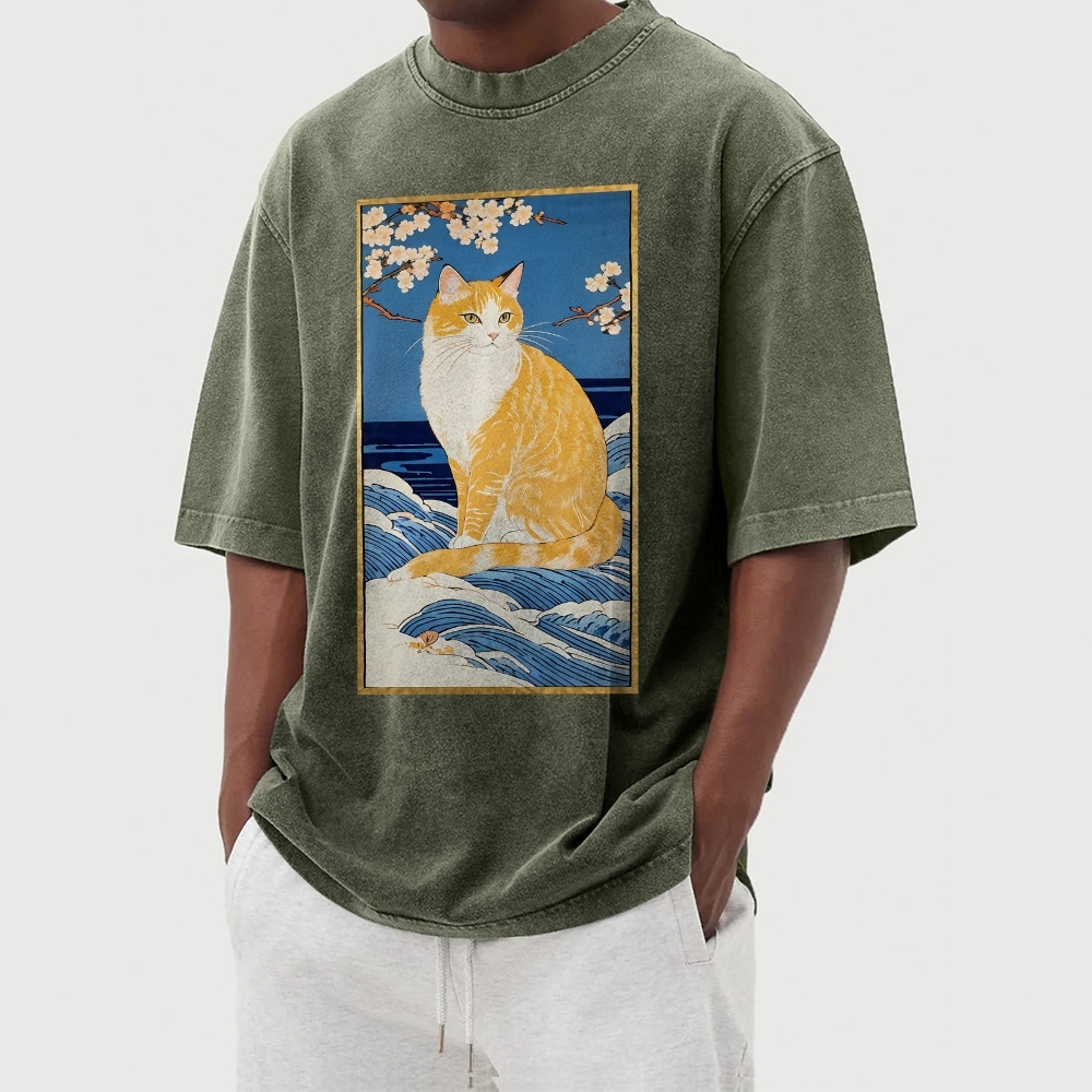 Cat Wave Casual Pattern Washed Vintage Short Sleeves T-Shirt-moweekender