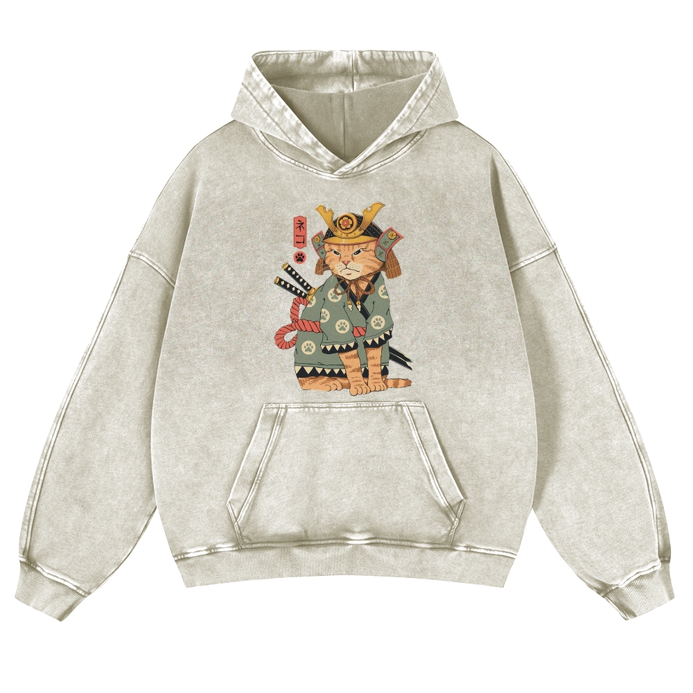 Japanese Warrior Cat Ukiyoe Vintage Washed Hoodie-moweekender