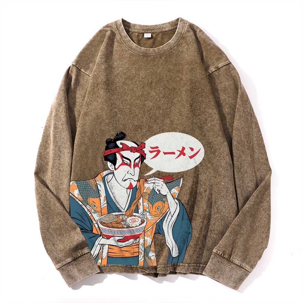 Japanese Warrior Ramen Deep Washed Vintage Long Sleeves T-Shirt-moweekender