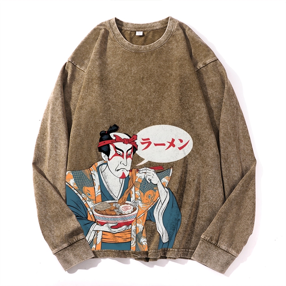Japanese Warrior Ramen Deep Washed Vintage Long Sleeves T-Shirt-moweekender