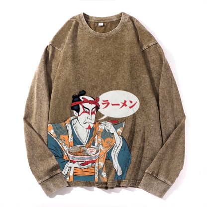 Japanese Warrior Ramen Deep Washed Vintage Long Sleeves T-Shirt-moweekender