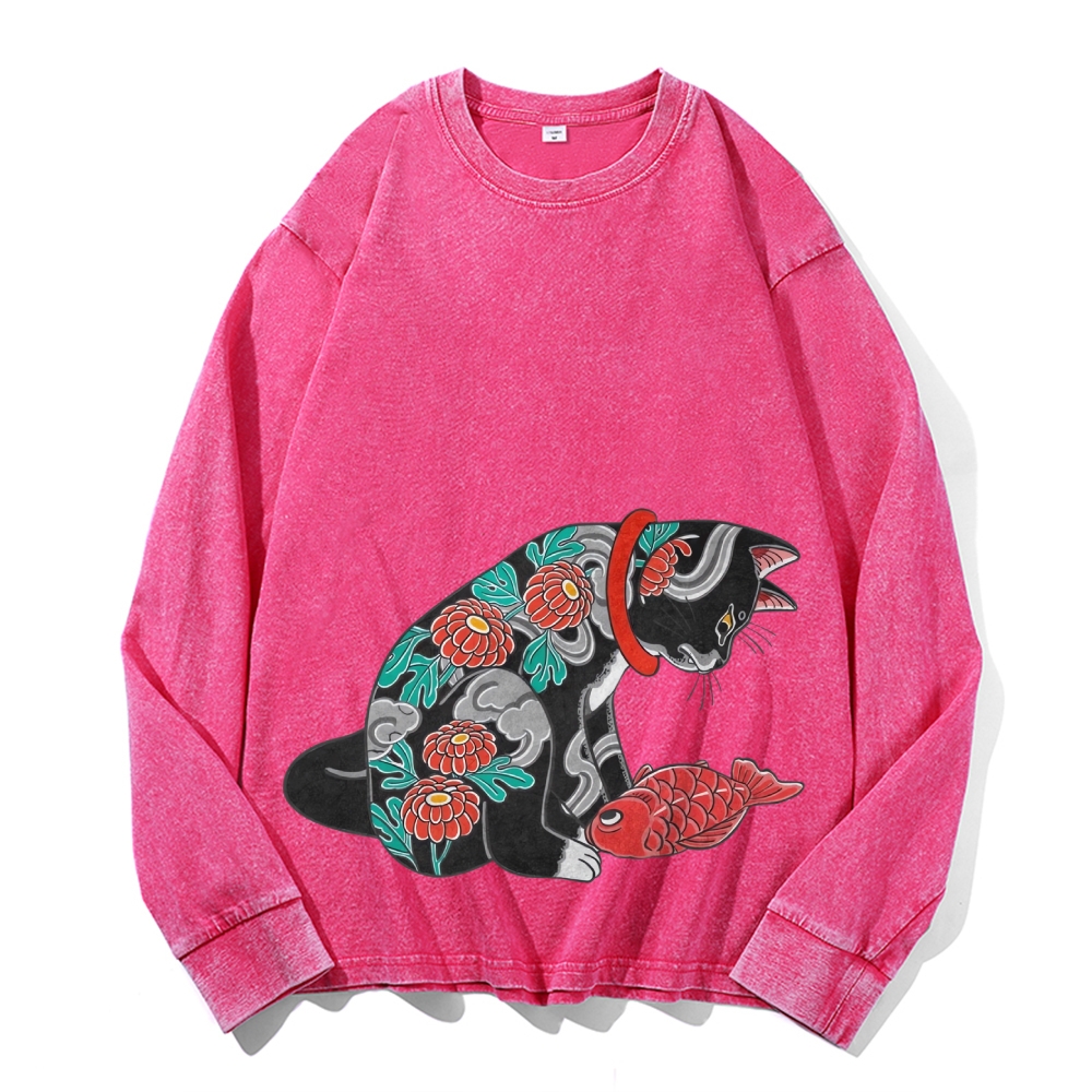 Flower Tattoo Cat Deep Washed Vintage Long Sleeves T-Shirt-moweekender