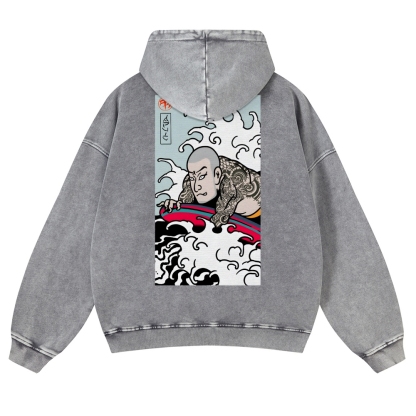 Japanese Surfing Ukiyoe Vintage Washed Hoodie-moweekender