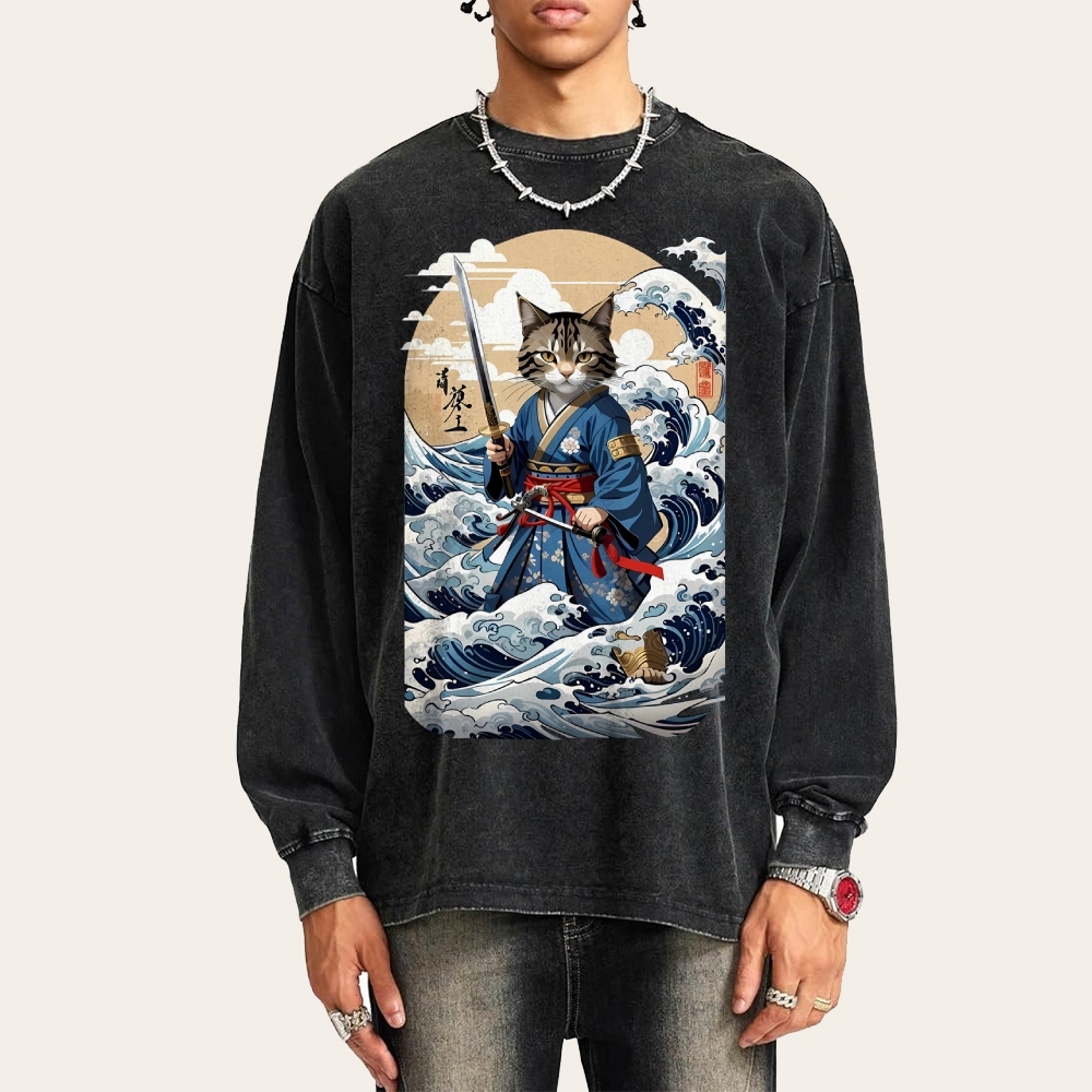 Wave Cat Ukiyoe Deep Washed Vintage Long Sleeves T-Shirt-moweekender
