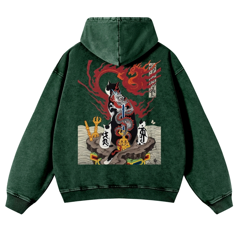 Loong Tattoo Cat Vintage Washed Hoodie-moweekender