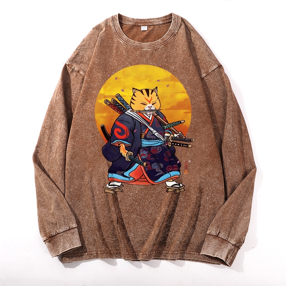 Japanese Warrior Cat Pattern Deep Washed Vintage Long Sleeves T-Shirt-moweekender