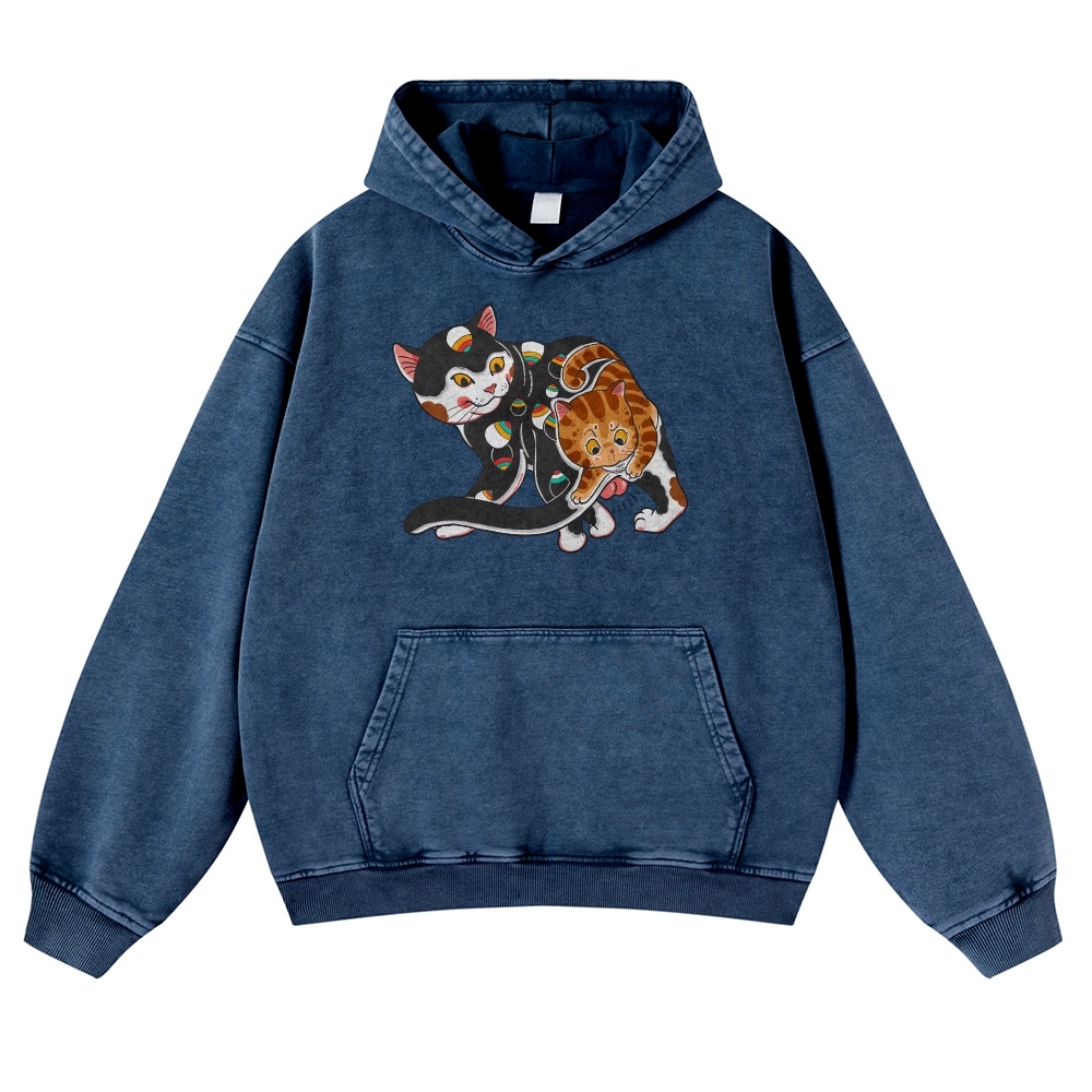 Curious Cat Pattern Printed Vintage Washed Hoodie-moweekender