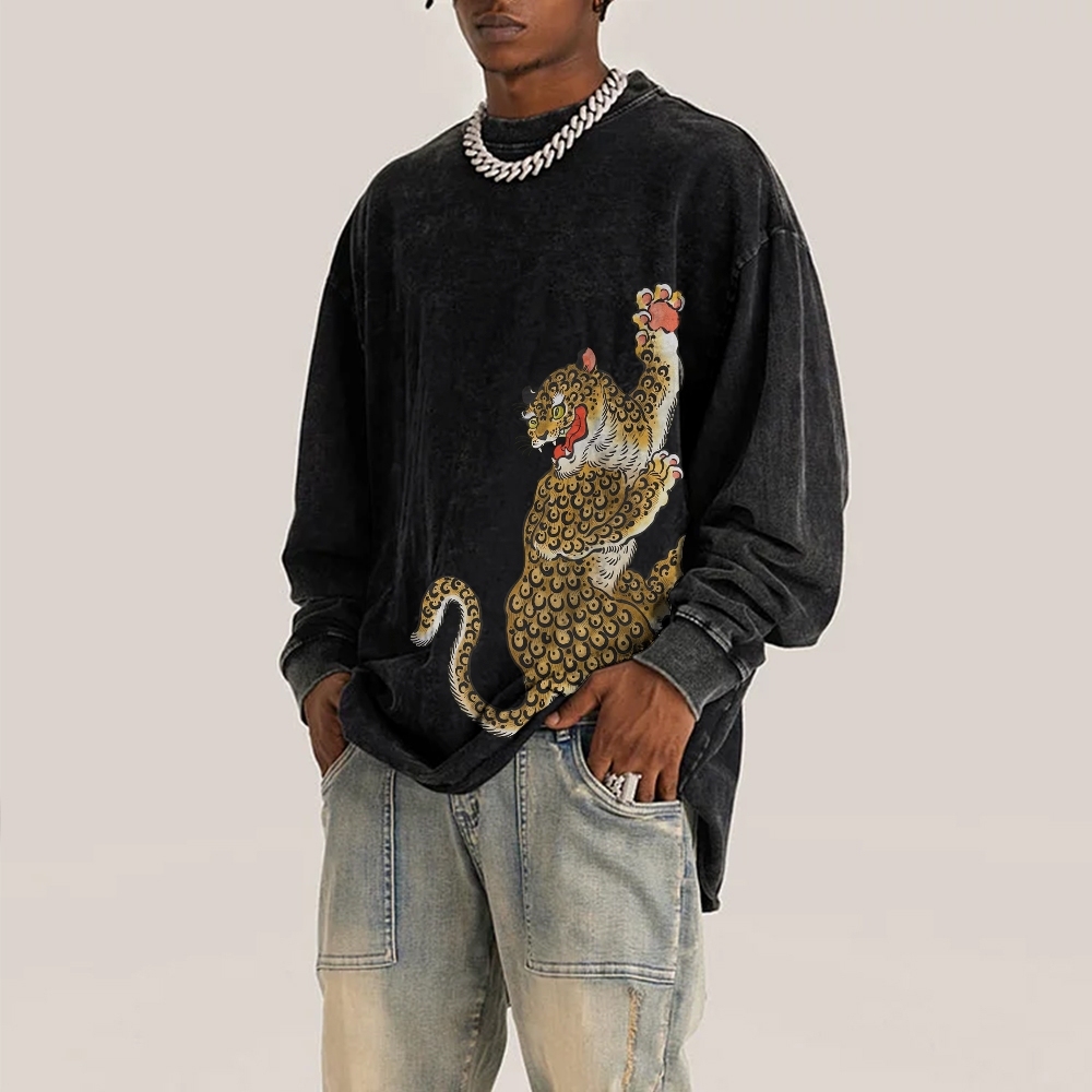 Japanese Leopard Ukiyoe Deep Washed Vintage Long Sleeves T-Shirt-moweekender