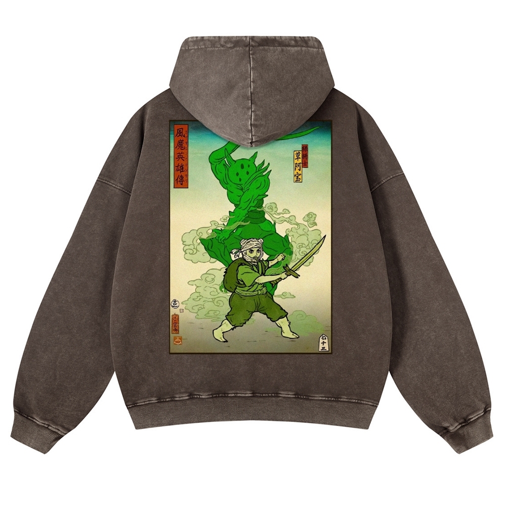 Hero Story Pattern Printed Vintage Washed Hoodie-moweekender