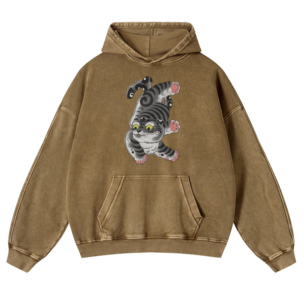 Japanese Cat Printed Vintage Washed Hoodie-moweekender