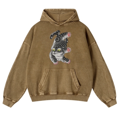 Japanese Cat Printed Vintage Washed Hoodie-moweekender