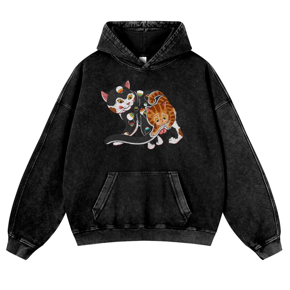 Curious Cat Pattern Printed Vintage Washed Hoodie-moweekender