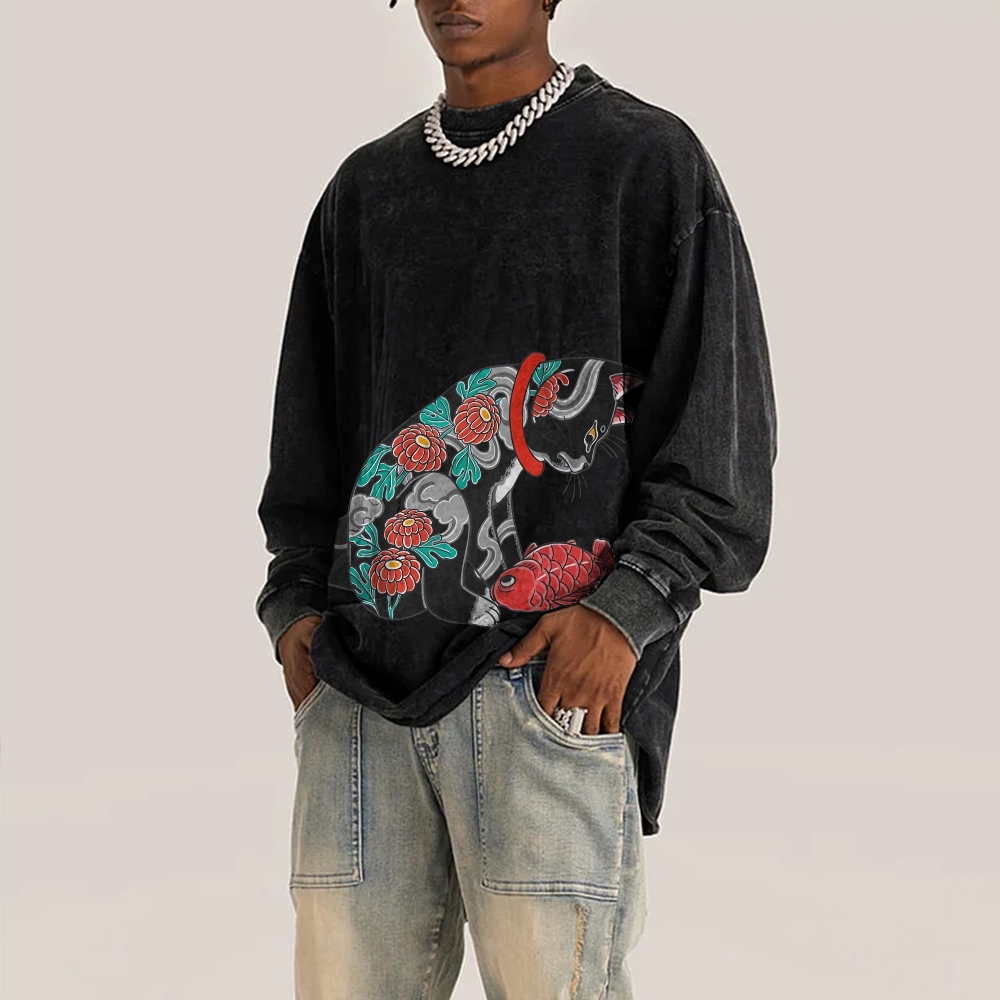 Flower Tattoo Cat Deep Washed Vintage Long Sleeves T-Shirt-moweekender