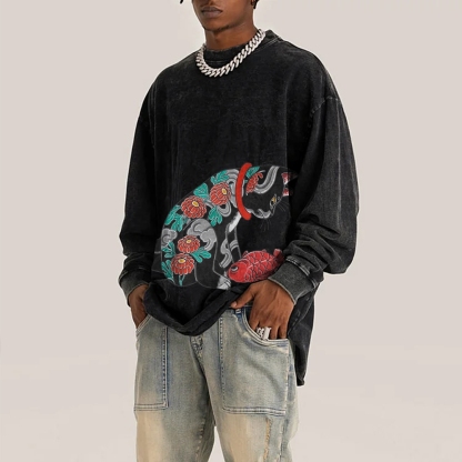 Flower Tattoo Cat Deep Washed Vintage Long Sleeves T-Shirt-moweekender