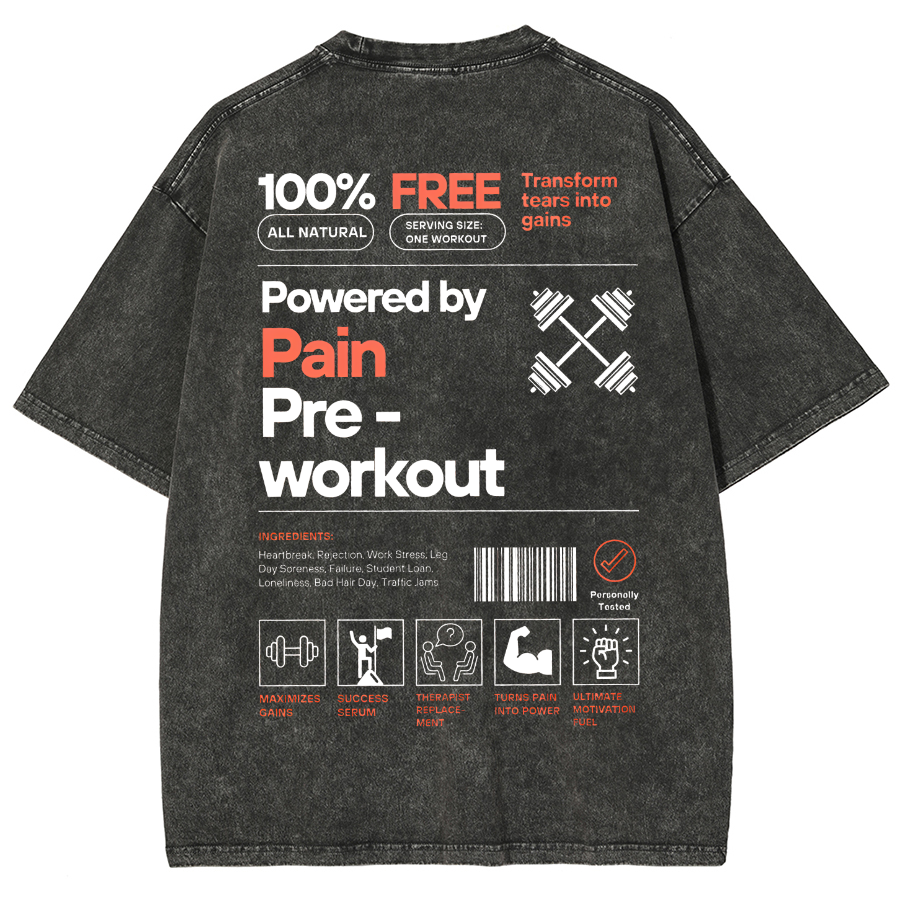 Powered by PainPre-workout Unisex Printed Retro Washed Short Sleeved T-Shirt-moweekender